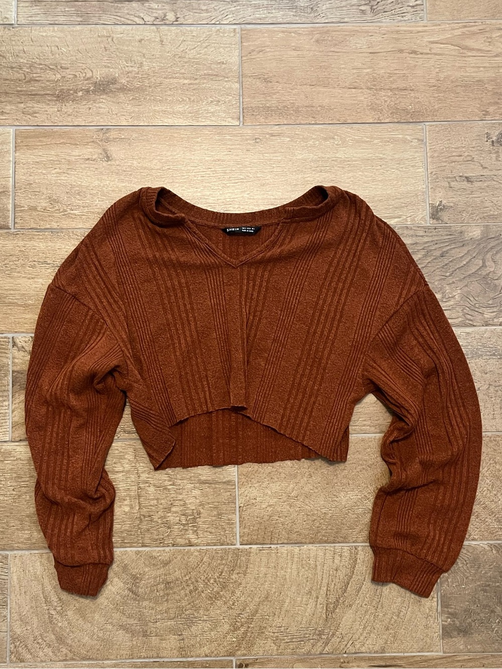 SHEIN Rust Brown Ribbed Cropped Sweater Top